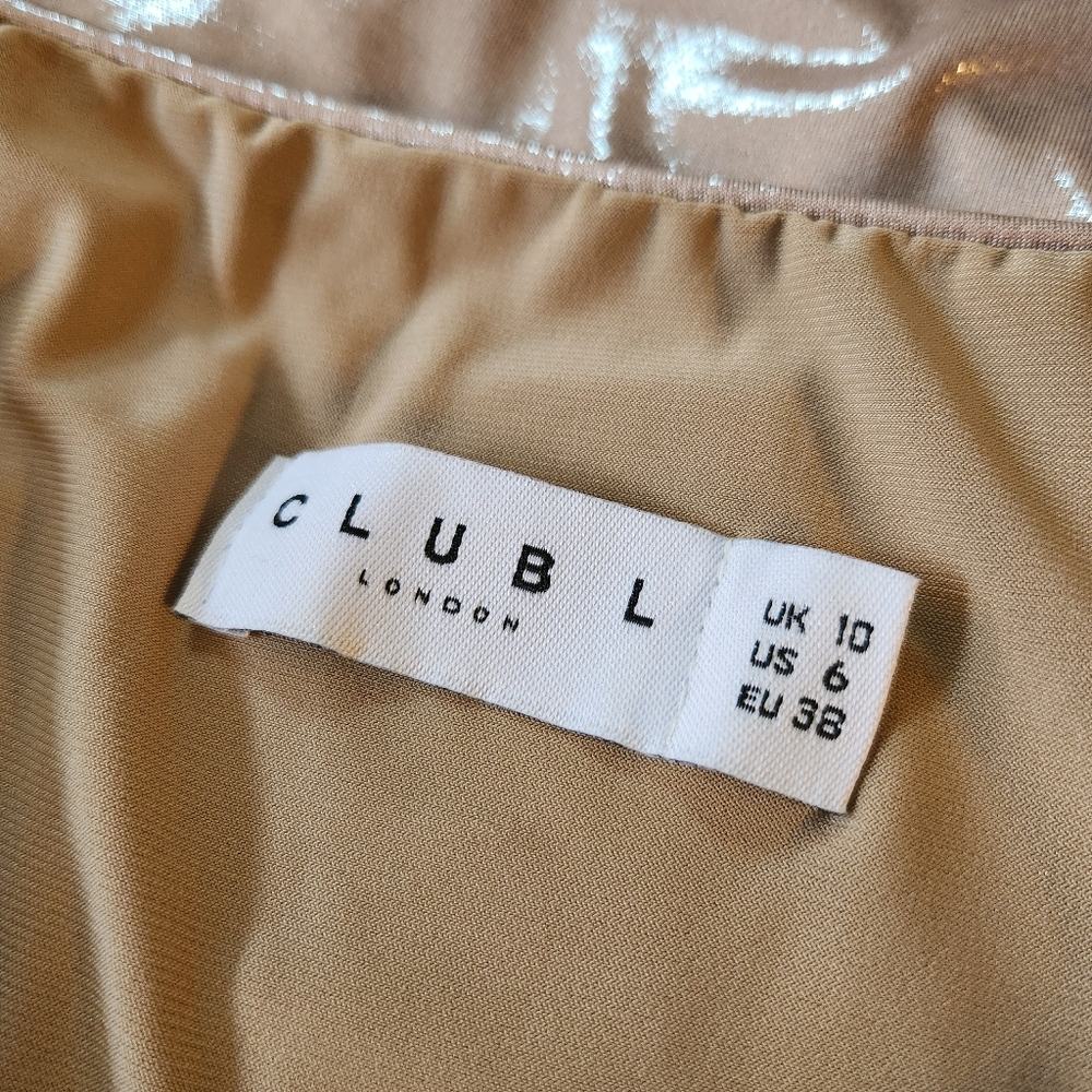 Club L London Gold Mini Halter Dress Size 6 Stretch Metallic Backless Glamoratti - Picture 15 of 15